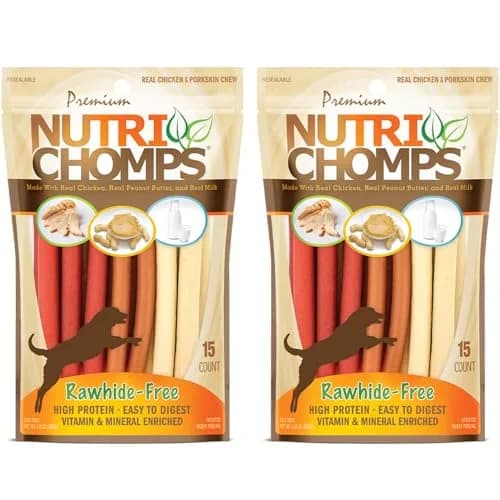 Nutri Chomps Rawhide Free Dog Chews, Chicken/PB/Milk, 15ct, 2pk | Digestible, Flavorful & Nutrient-Rich thumbnail 1