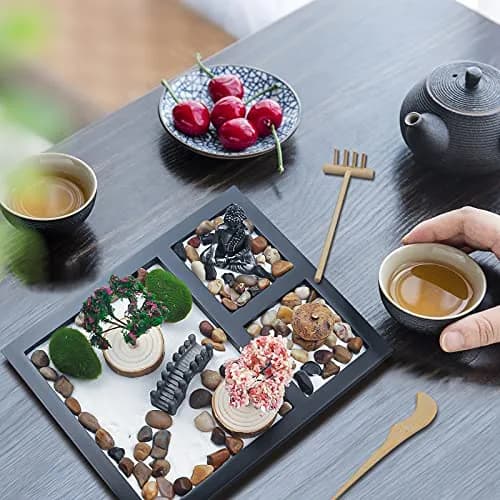Melonva Sakura Budah Mini Zen Garden 9" x 7" | Desktop Meditation Decor with White Sand & Bonsai thumbnail 6