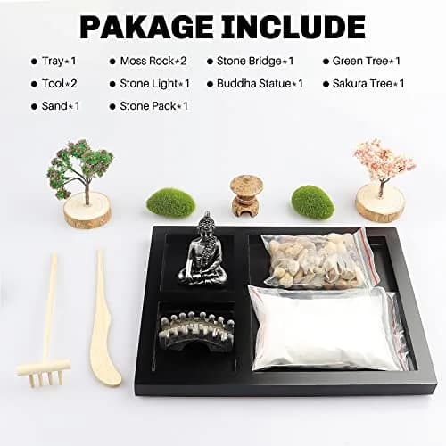 Melonva Sakura Budah Mini Zen Garden 9" x 7" | Desktop Meditation Decor with White Sand & Bonsai thumbnail 7