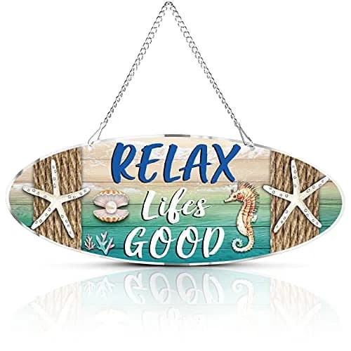 Hotop Metal Beach Wall Decor Sign Relax Lifes Good 30x10 cm (12x4 Inch) | Coastal Beach Theme for Home & Bathroom thumbnail 1