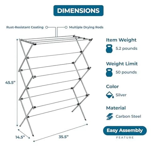 Honey-Can-Do Oversized Collapsible Clothes Drying Rack, 35" | Heavy-Duty Steel Support, Flat Storage, Indoor/Outdoor Use thumbnail 6