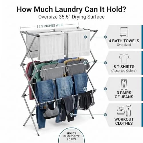 Honey-Can-Do Oversized Collapsible Clothes Drying Rack, 35" | Heavy-Duty Steel Support, Flat Storage, Indoor/Outdoor Use thumbnail 2