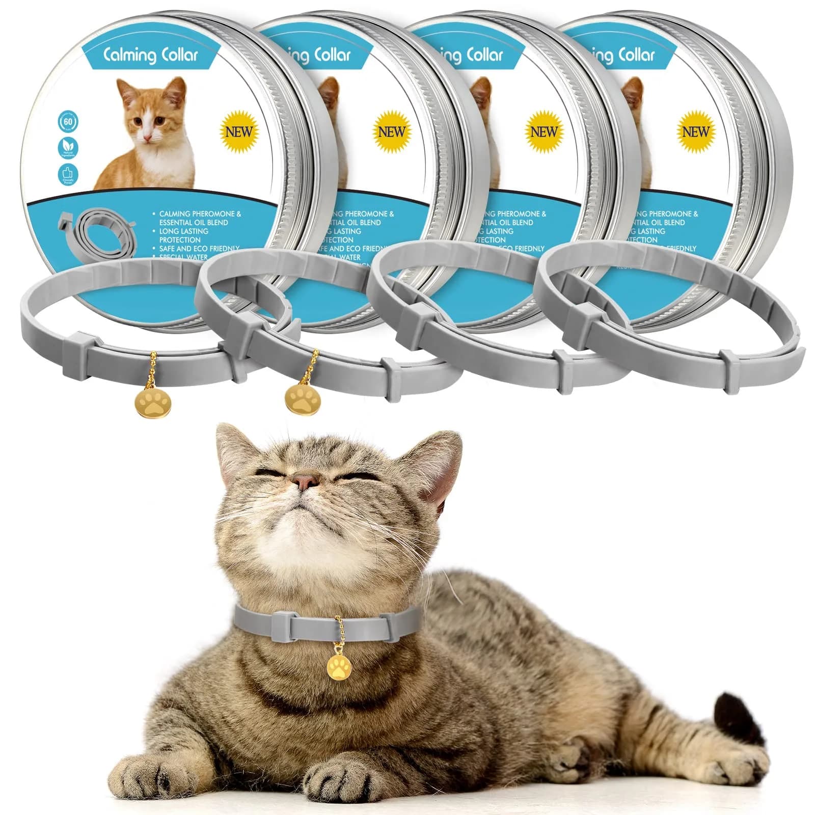 Weewooday 4pcs Black Cat Calming Collar with Pendants 38cm (15 Inches) | Pheromone-Infused for Stress & Anxiety Relief — Grey, Silver