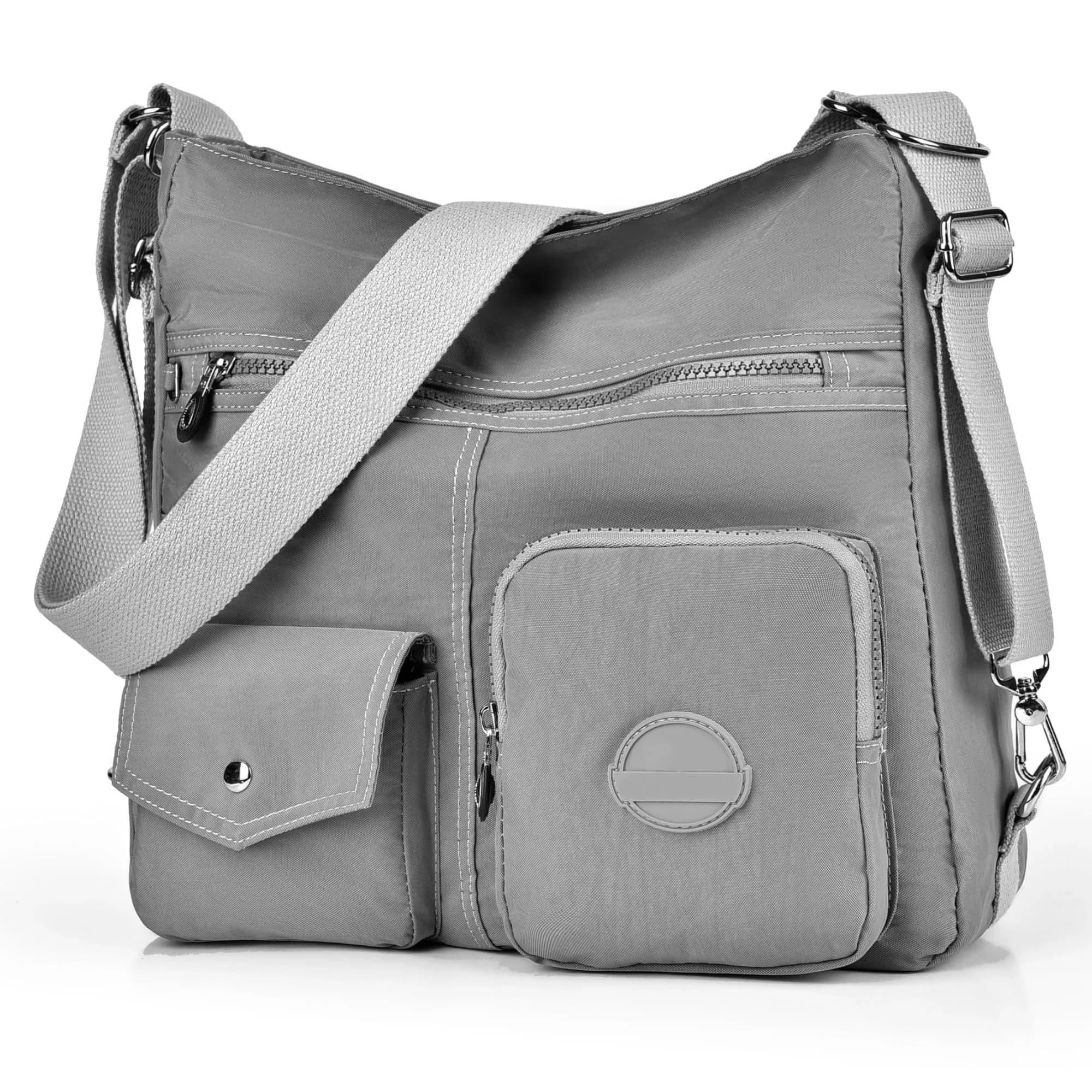 Dora & Liz Hobo Purse for Women, Nylon Crossbody Shoulder Handbag Convertible Backpack 34cm (13.39") | Multi-Way Carry Water-Resistant Bag — Grey