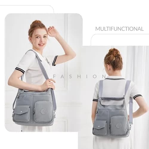 Dora & Liz Hobo Purse for Women, Nylon Crossbody Shoulder Handbag Convertible Backpack, Grey (33.6cm x 9.7cm x 26.5cm) thumbnail 2
