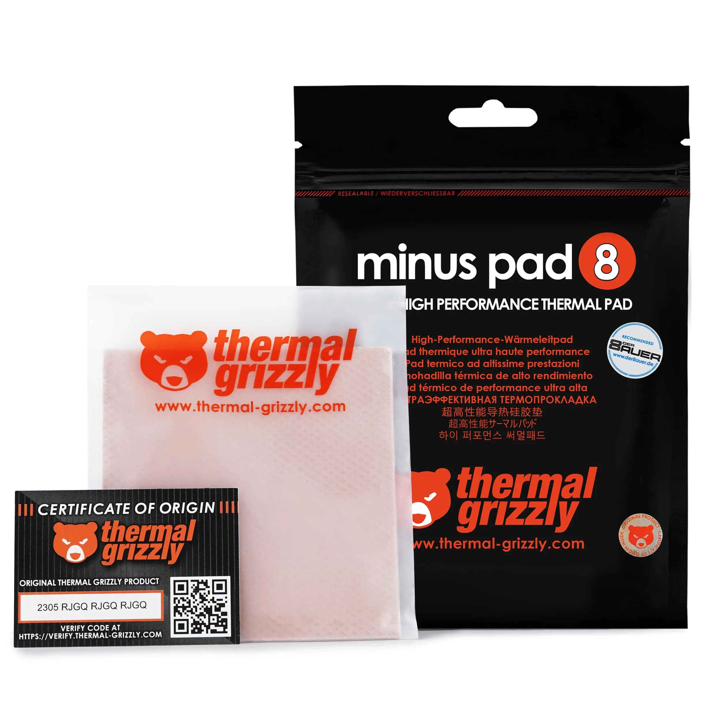 Thermal Grizzly Minus Pad 8-100 × 100 × 1.5 mm | Heat sink thermal pad, 8 W/m·K, 1.5 mm thick, black, 100x100 mm, 2-year warranty - main product image