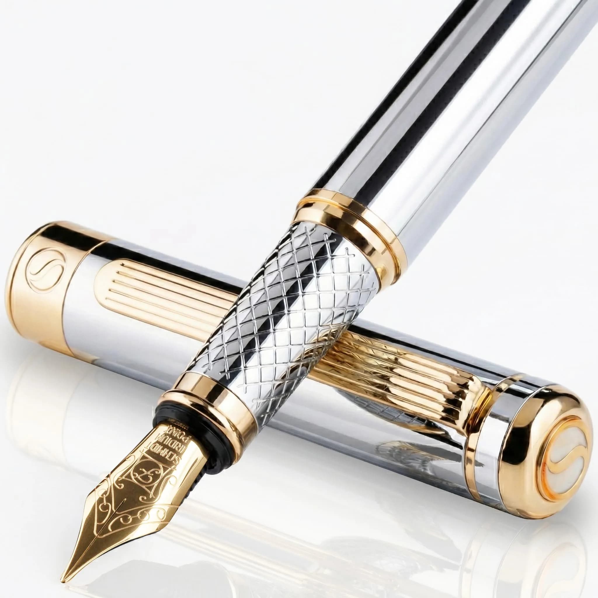 Scriveiner Fountain Pen Silver Chrome Gold Finish Broad Nib | Luxury Executive Office Pen — 10. Silver Chrome with Gold