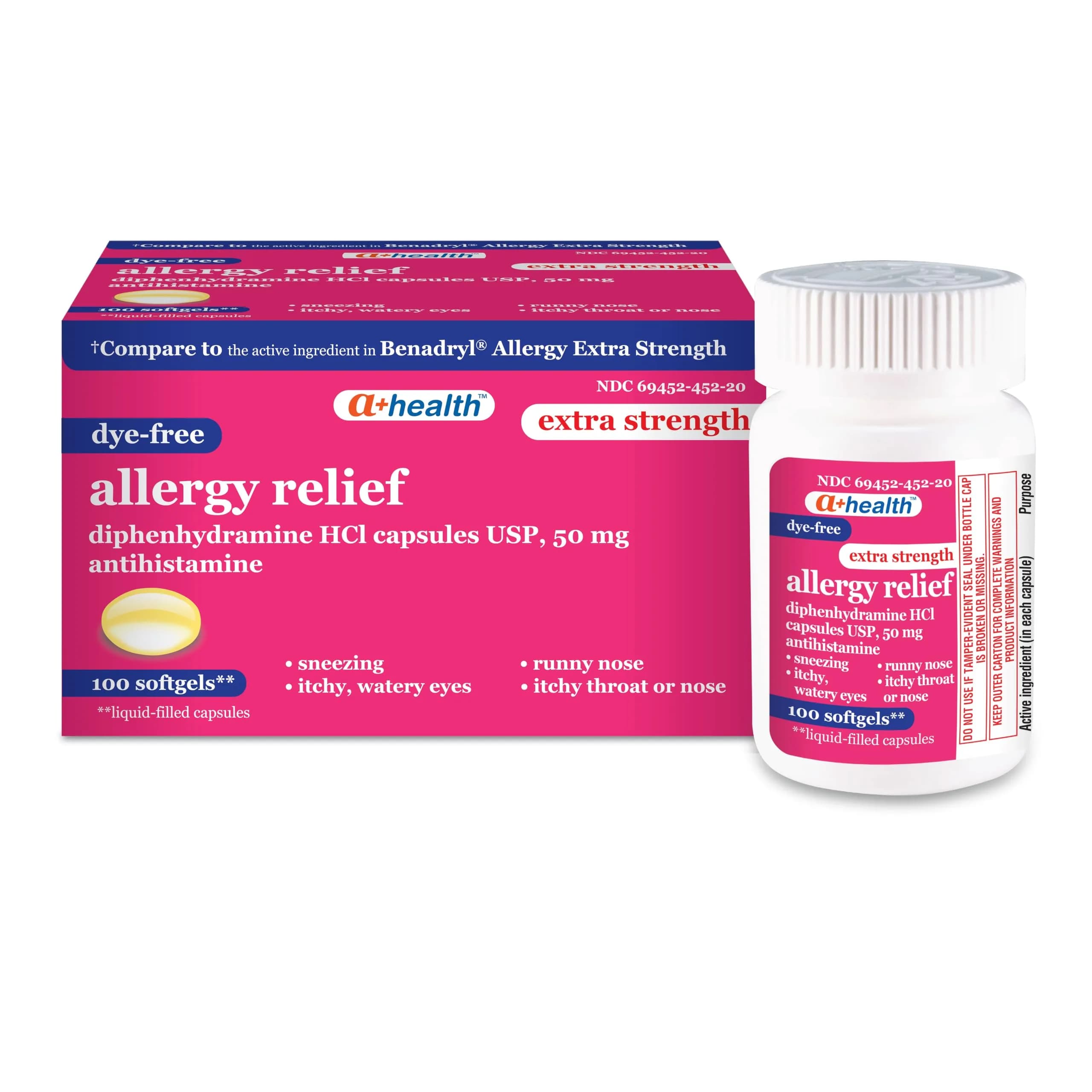 A+Health Dye Free Allergy Relief Diphenhydramine 50mg Softgels 100 Count | Dyes-Free Allergy Relief for Adults - main product image