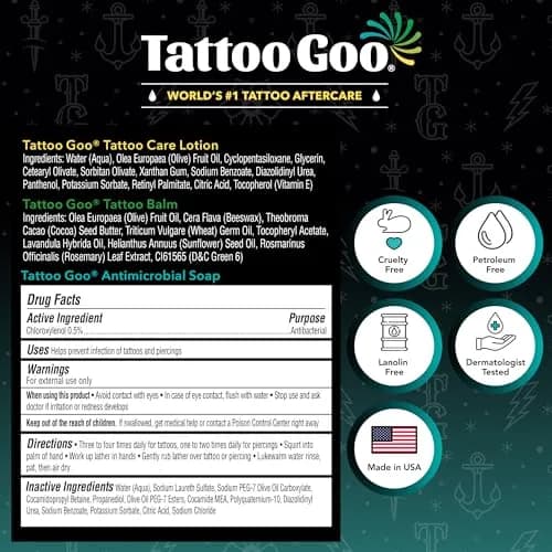 Tattoo Goo Tattoo Aftercare Kit, 3 Piece Set, Includes Antimicrobial Soap, Tattoo Balm & Healing Lotion, Complete Kit for Fresh Ink, Vibrant Colors & Glow thumbnail 8