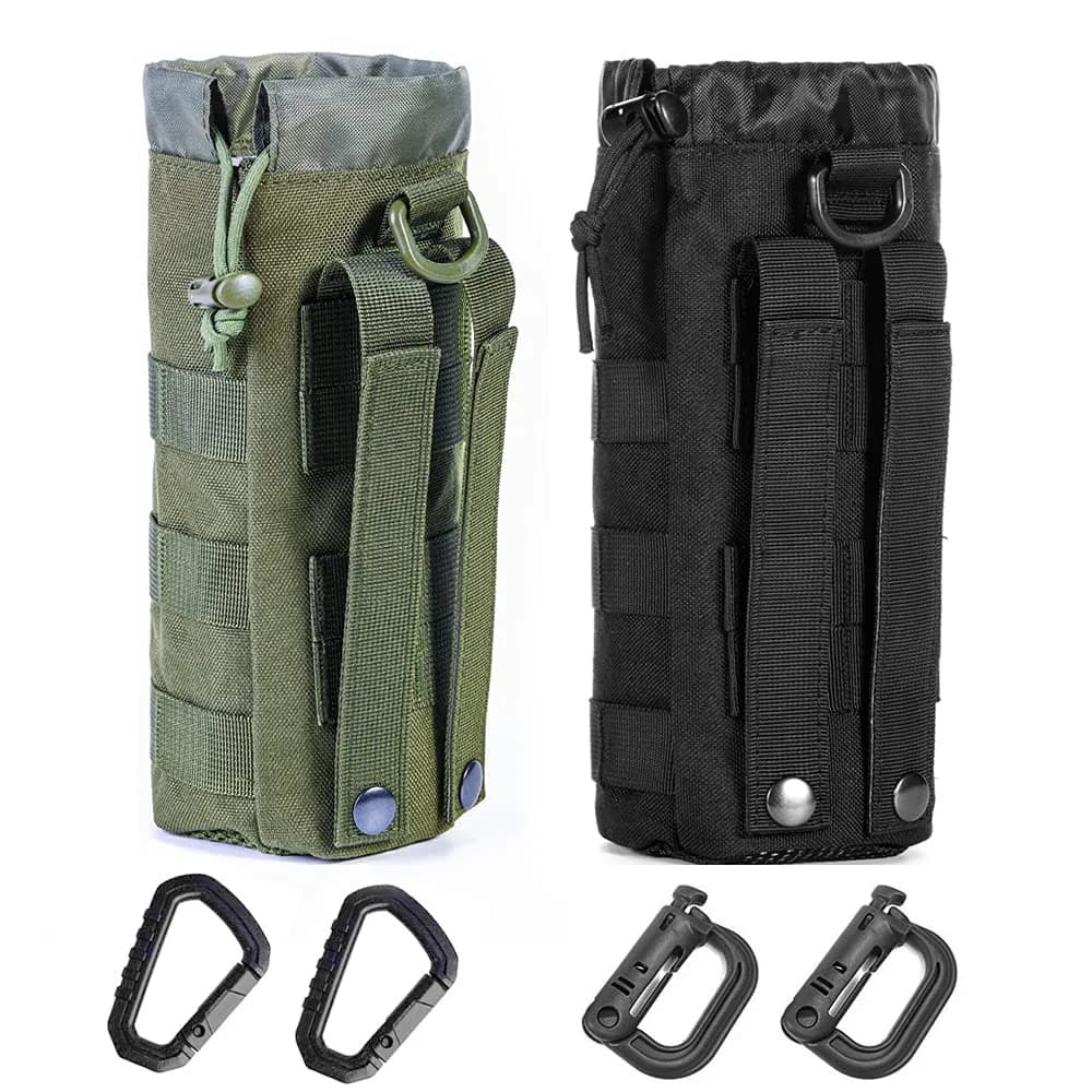 R.SASR Upgraded Tactical Drawstring Molle Water Bottle Holder Pouch (Black+Green, 2-Pack)