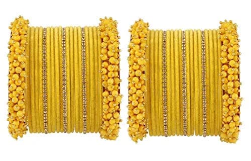 NMII Yellow Base Metal Zircon Gemstone & Velvet Bangle Set for Women & Girls, 2.4 Inches (Pack of 42) thumbnail 1