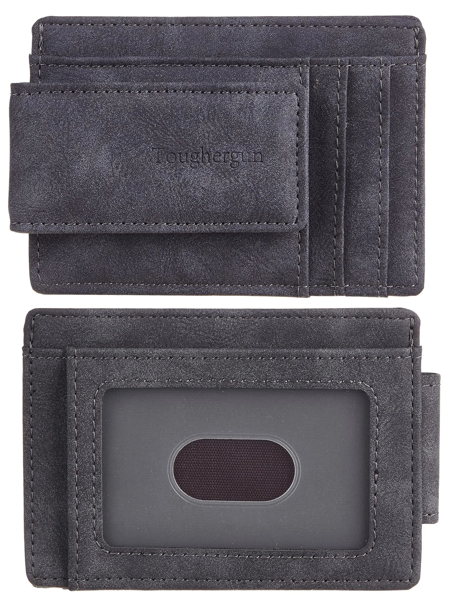 Toughergun Minimalist Wallet for Men with Magnetic Money Clip Leather Slim Wallet, Credit Card Holder RFID Blocking Front Pocket Holds Cash and Cards (Deep Grey)