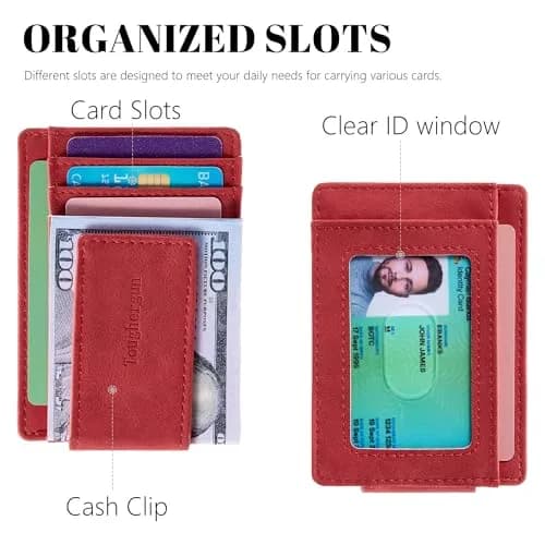 Toughergun Slim Wallet for Men RFID Blocking Money Clip, Minimalist Front Pocket Credit Card Holder, Magnetic Thin Mens Wallets with ID Window (Red) | Holds 7 Cards & 30 Bills thumbnail 4