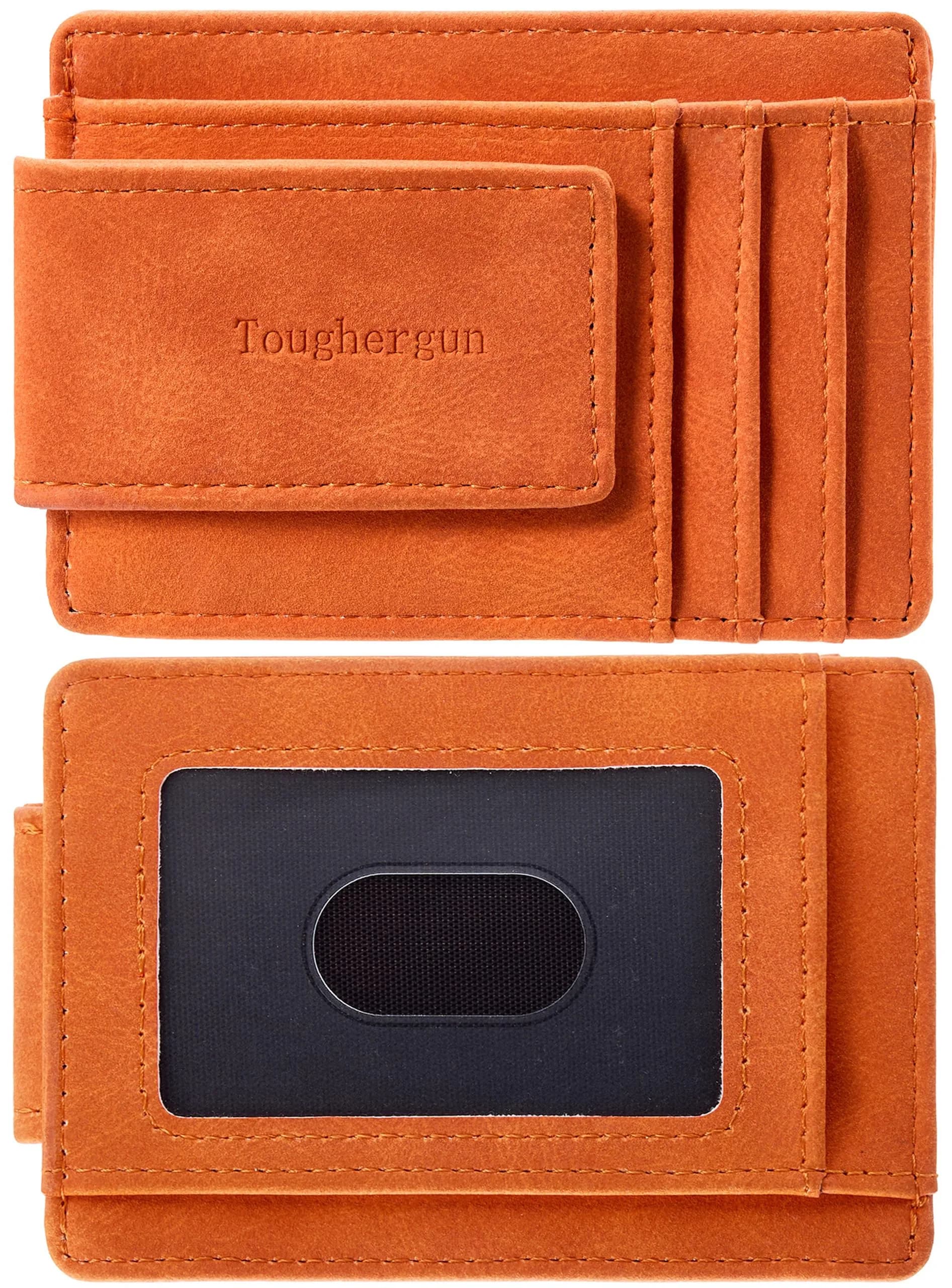 Toughergun Slim Wallet for Men RFID Blocking Money Clip, Minimalist Front Pocket Credit Card Holder, Magnetic Thin Mens Wallets with ID Window (Orange)