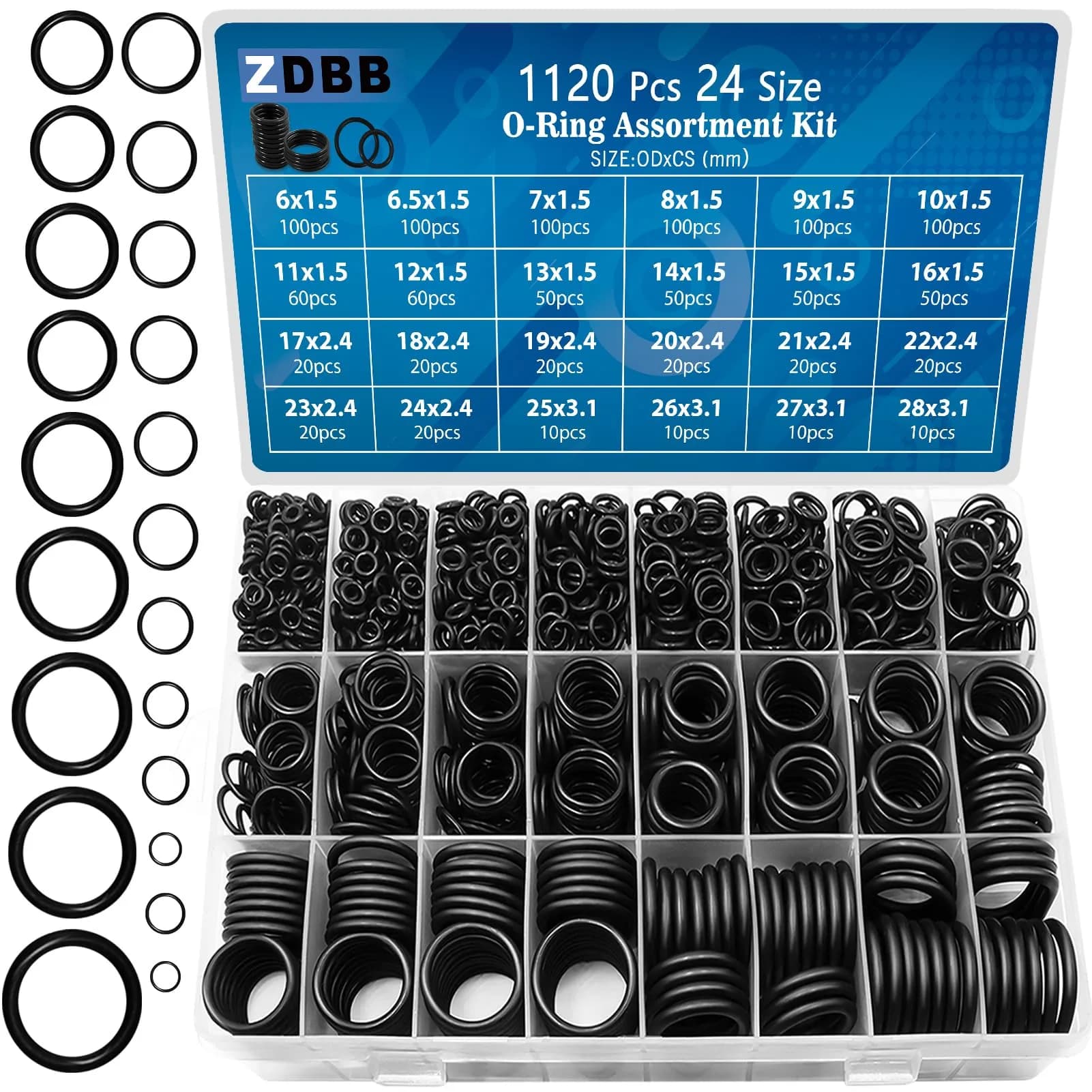 ZDBB Black Rubber O Ring Set 1120 Pcs | Assorted Metric Sealing Washers for Plumbing and Auto Repair — OD Metric 24 Size 1120 Pcs
