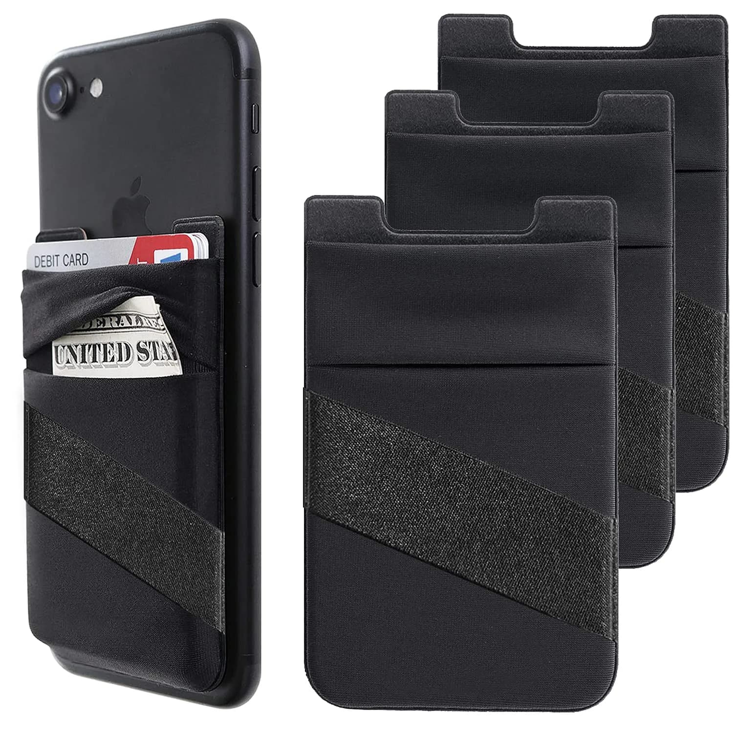 Hoblaze Stretchy Phone Wallet Card Holder with Finger Strap - Black 2-in-1 | Holds 5-8 Cards - main product image