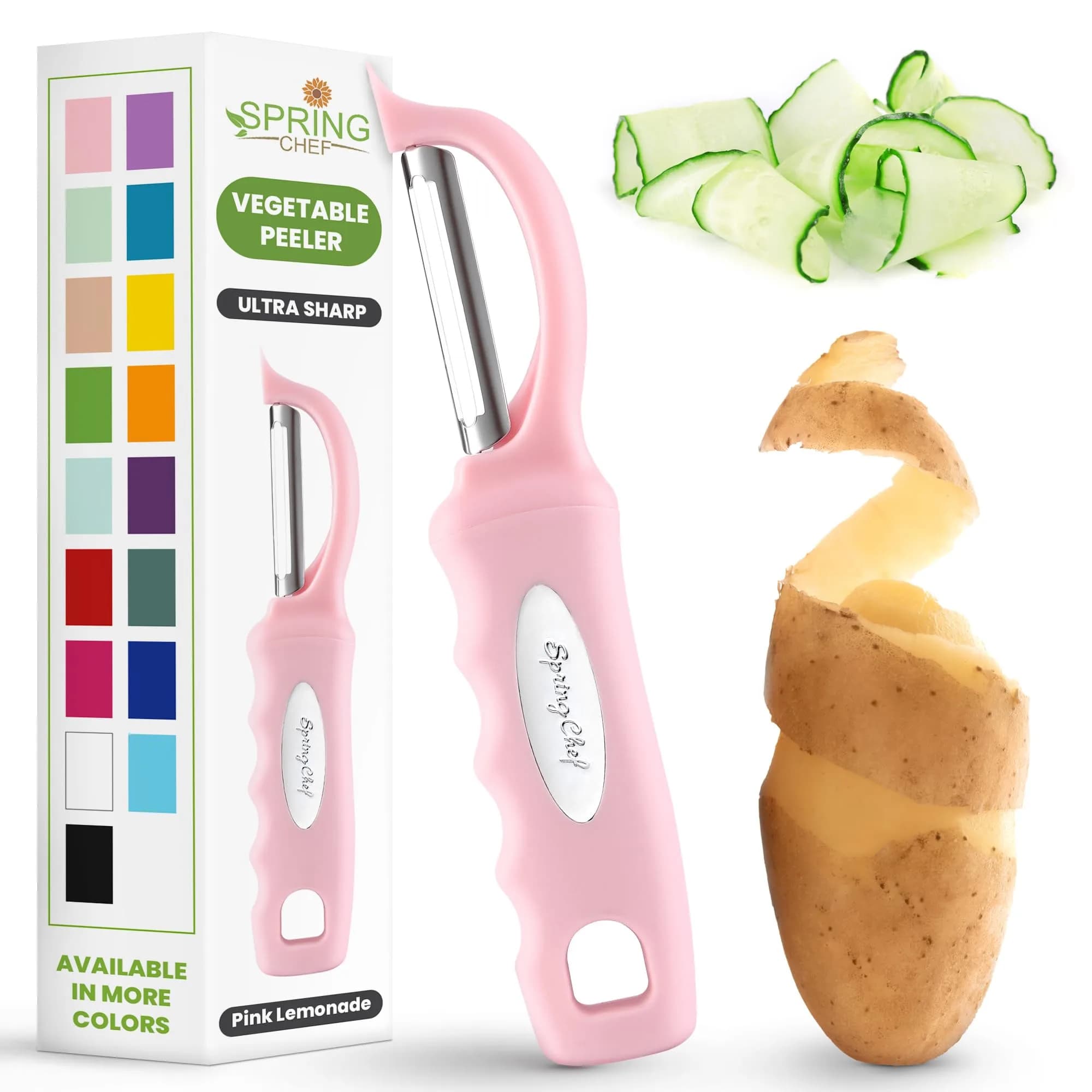 Spring Chef Swivel Vegetable Peeler Black | Dual Stainless Steel Blades & Soft Grip Handle (19 cm / 7.5 inch) — Pink Lemonade