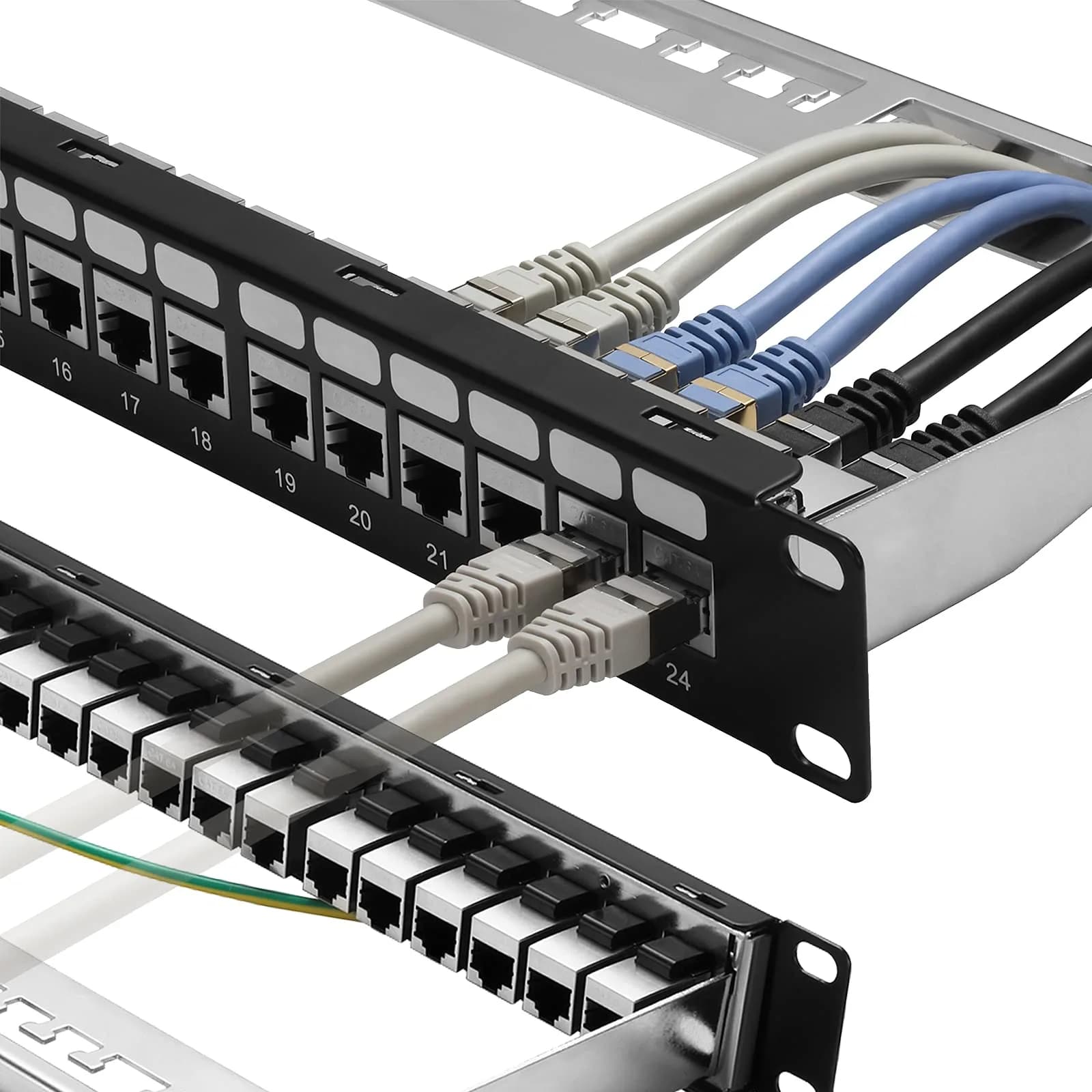 Rapink 24-Port Cat6A Shielded Patch Panel 19-Inch | 10Gbps STP Network Panel with Toolless Keystone Couplers - main product image