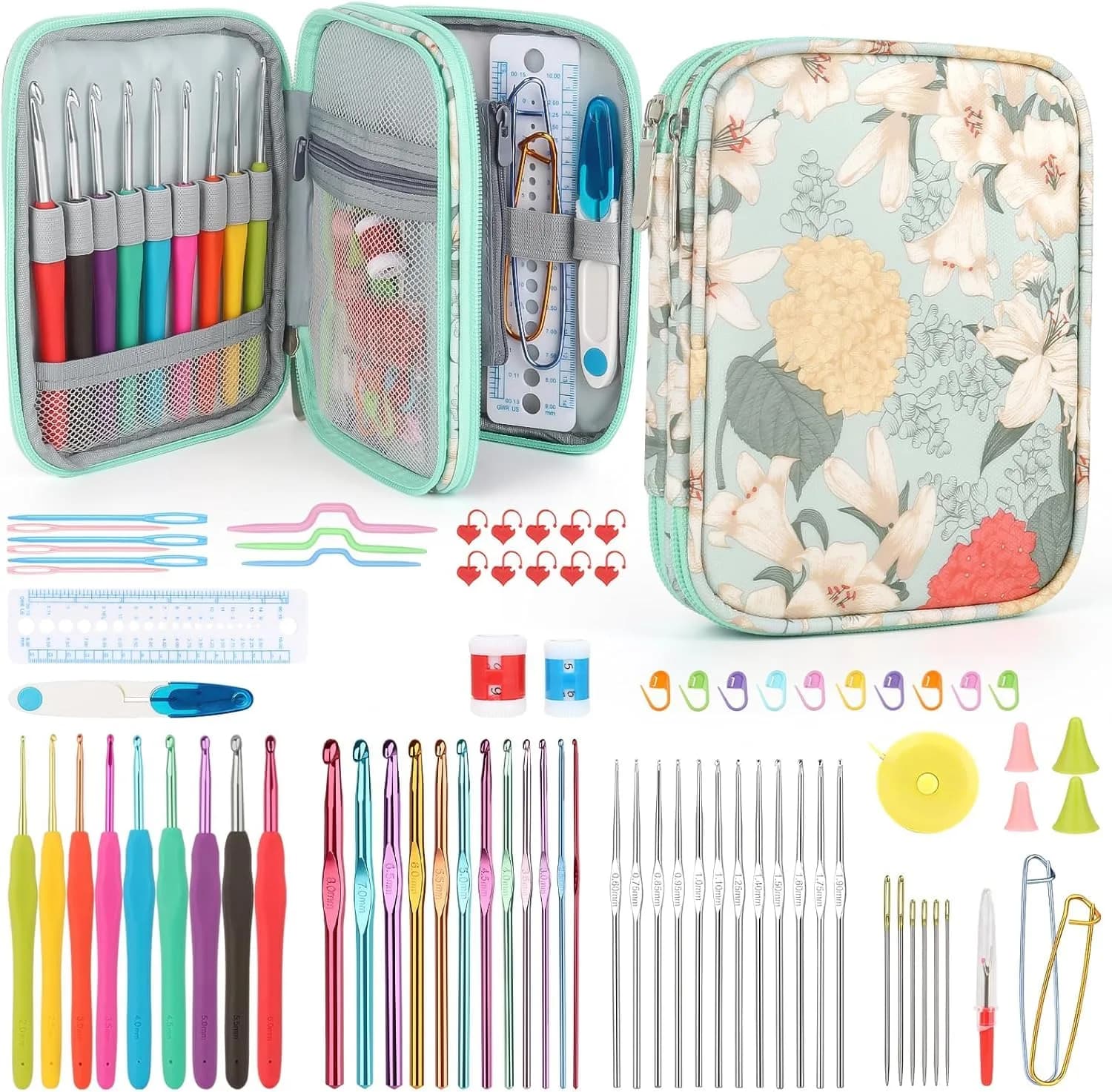 Katech Ergonomic Crochet Hooks Set with Case, 85-Piece | Assorted Sizes 2mm-8mm — Green