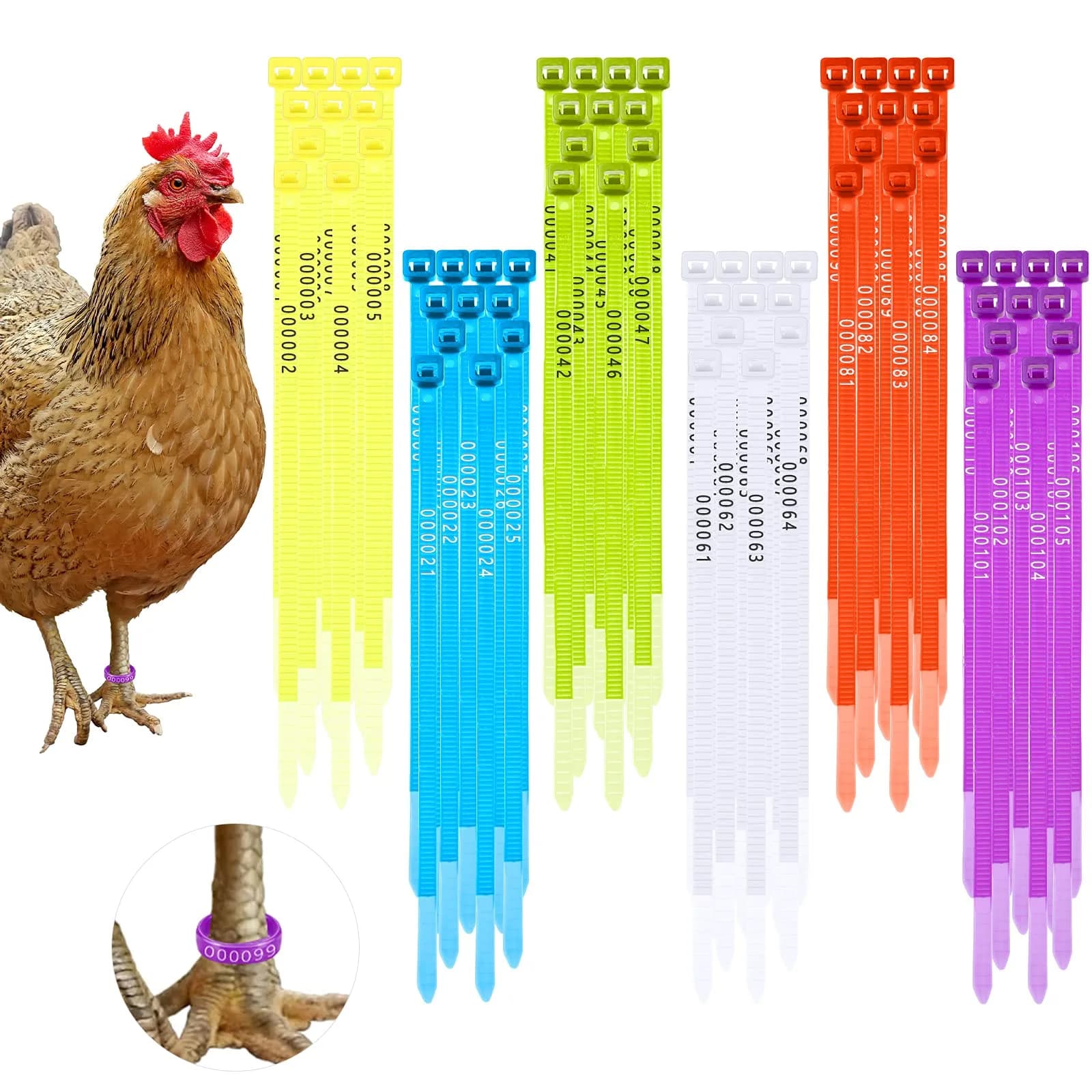 Shappy 120 Pcs Adjustable Chicken Leg Bands Numbered 1-120, 6 Colors | Bulk Farm Management & Wire Organizing - main product image