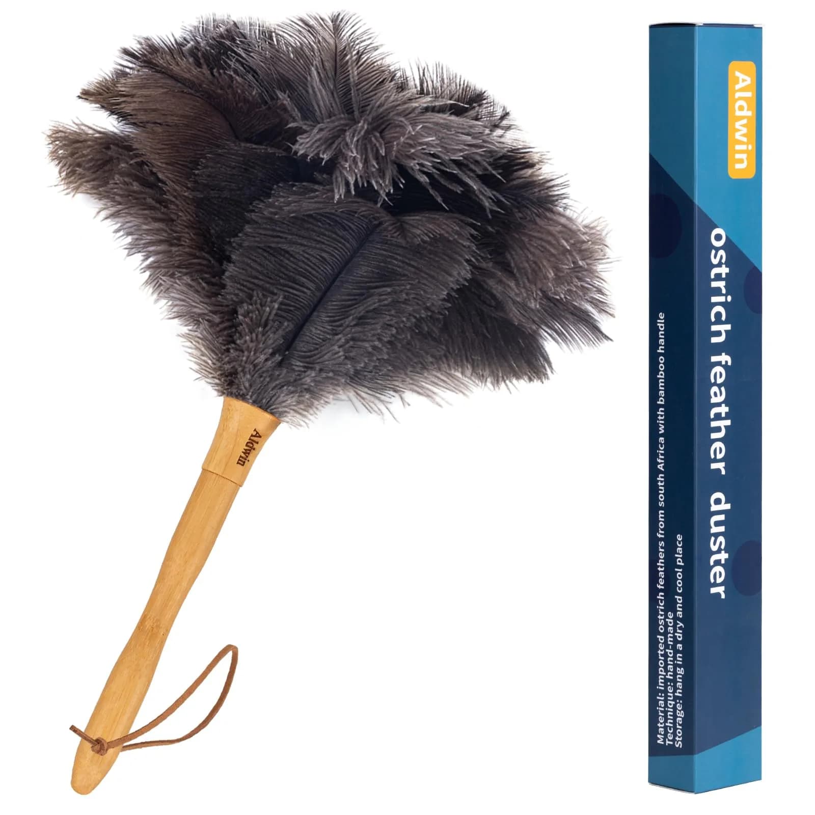 Aldwin 16" Gray Ostrich Feather Duster with Wooden Handle | Reusable & Washable Cleaning Tool — Gray Brown Classic