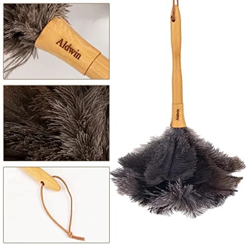 Aldwin Genuine Ostrich Feather Duster with Wood Handle, 41cm (16 inch) | Natural Gray Fluffy Duster for Home & Car thumbnail 3