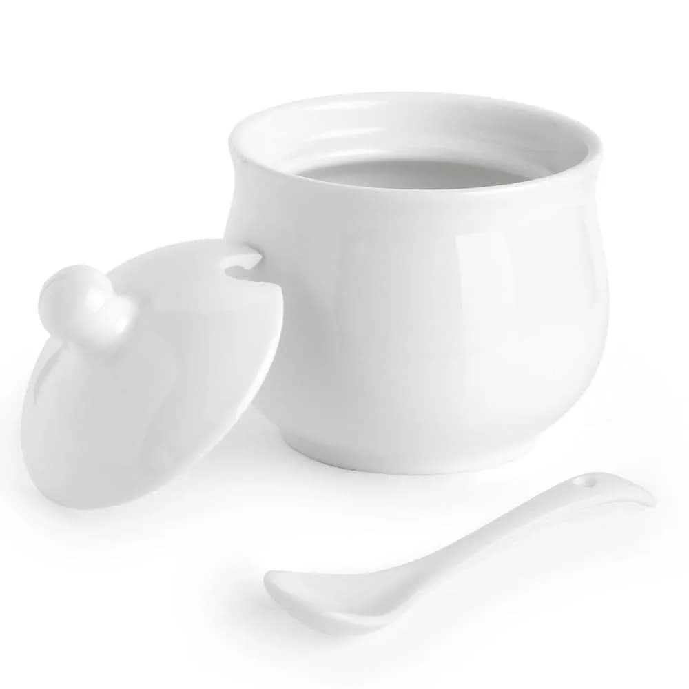 Swetwiny Ceramic Sugar Bowl with Lid and Spoon, 7 Ounces | Classic White Porcelain Kitchen Storage - main product image