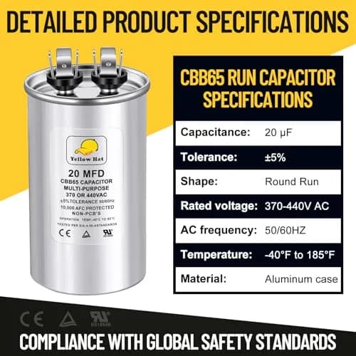 HVAC YELLOW HAT 20 MFD 20uF ±5% 440V Round Motor Run Capacitor | CBB65 AC Unit Fan Motor Start Capacitor thumbnail 7