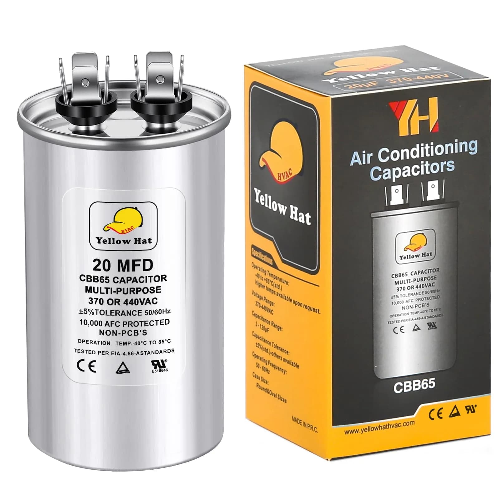 HVAC YELLOW HAT 35uF 35MFD Round Run Capacitor 5.68cm (2.25") x 10.11cm (3.93") | Universal 370V/440V AC Motor Start — 20MFD