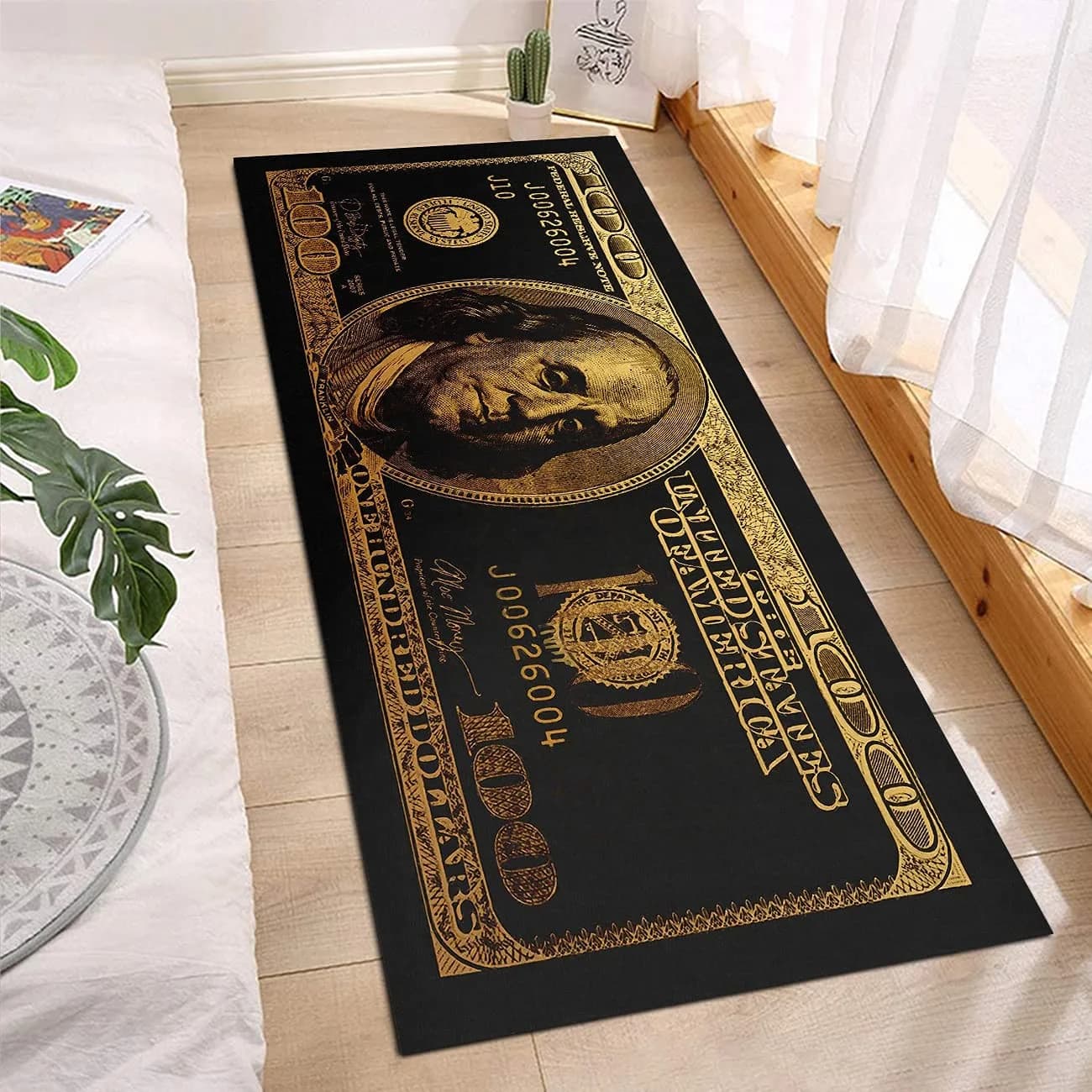 GUBIYU Black Bathroom Rug Runner - Money Bills Design, Non-Slip, Water Absorption, Modern Style, 60cm x 90cm — Gold Black 002 / 24 in x 59 in