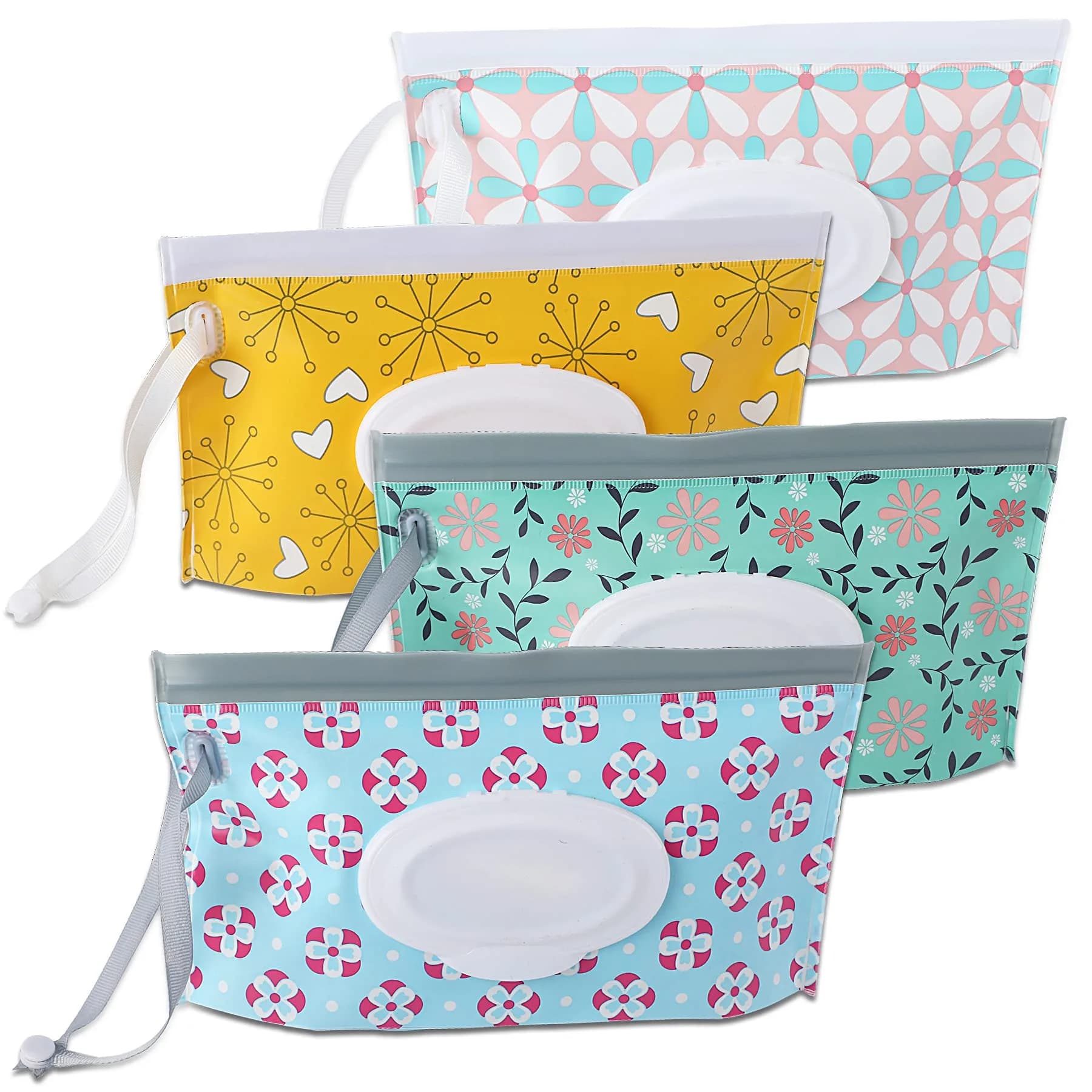 FEBSNOW 4 Pack Baby Wipe Dispenser, Portable Refillable Wet Wipe Holder with Wrist Loop