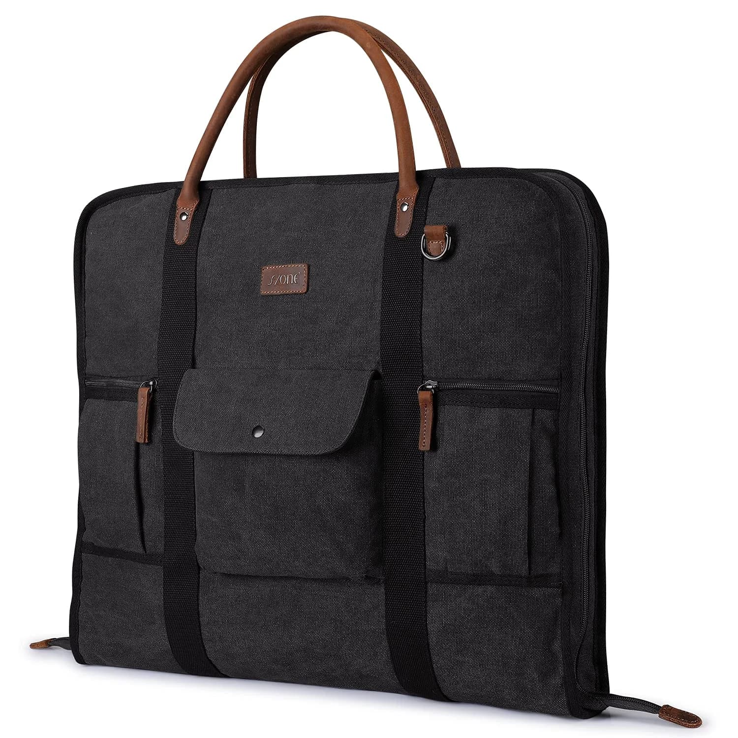 S-ZONE Carry On Garment Bag for Business Travel Canvas Leather Men Women Suit Cover 52cm (20.5in) | Wrinkle-Free Suit Bag with 10 Compartments