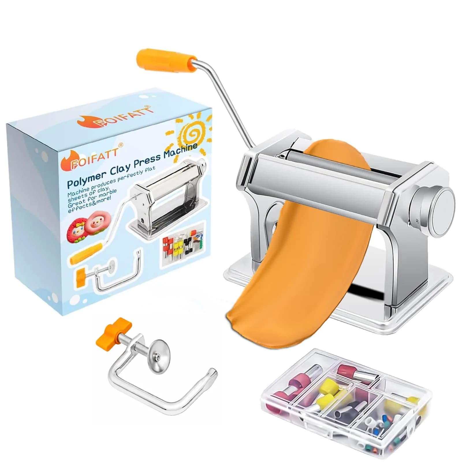 Foifatt Polymer Clay Press Machine with 6 Thickness Settings | Stainless Steel Clay Roller for Smooth Sheets — Orange Clay Press