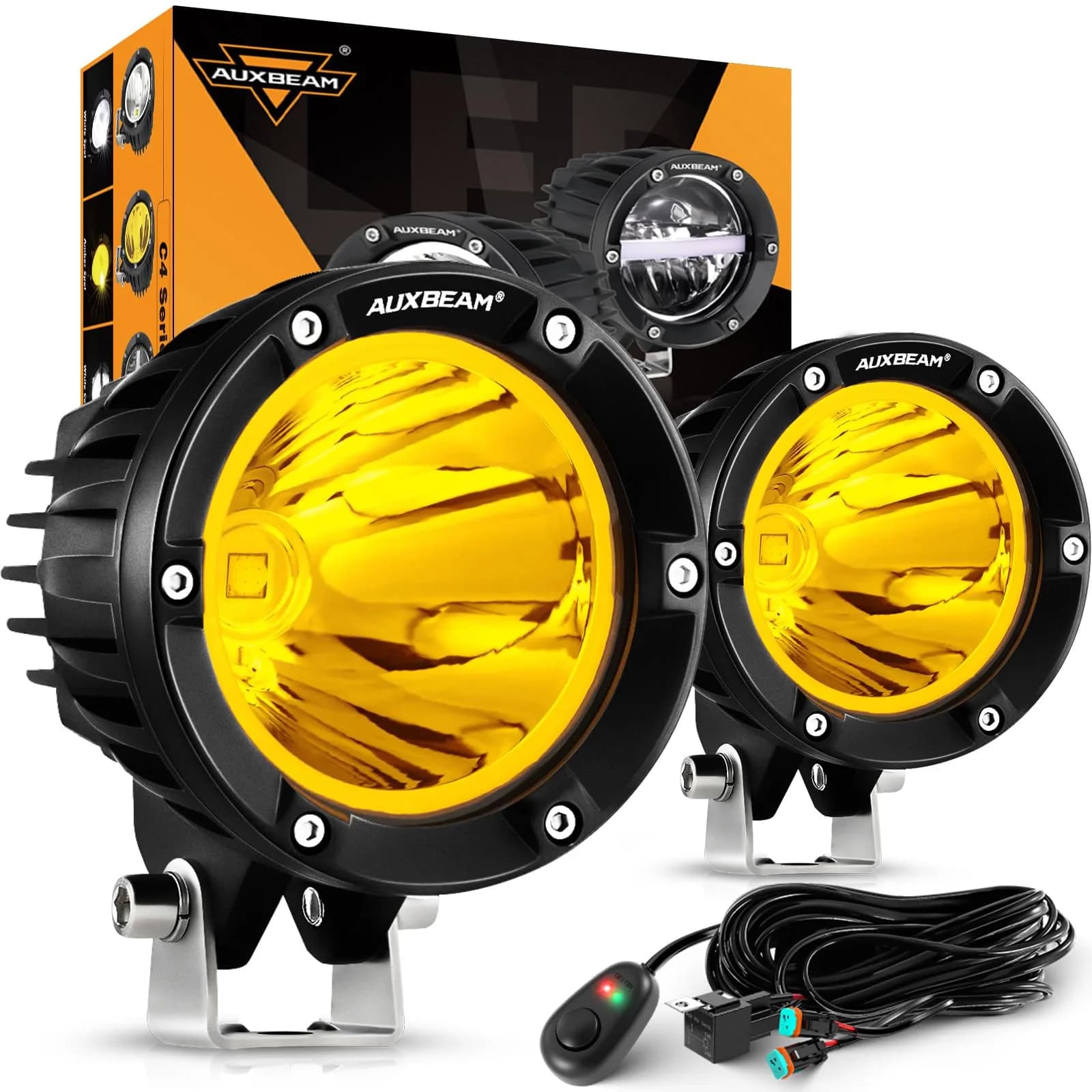 Auxbeam P4 Series 4-Inch Amber LED Offroad Lights Round LED Pods 2-Pack | 8800 Lumens, Impact-Resistant, Waterproof — C4 Series Amber Spot Lights