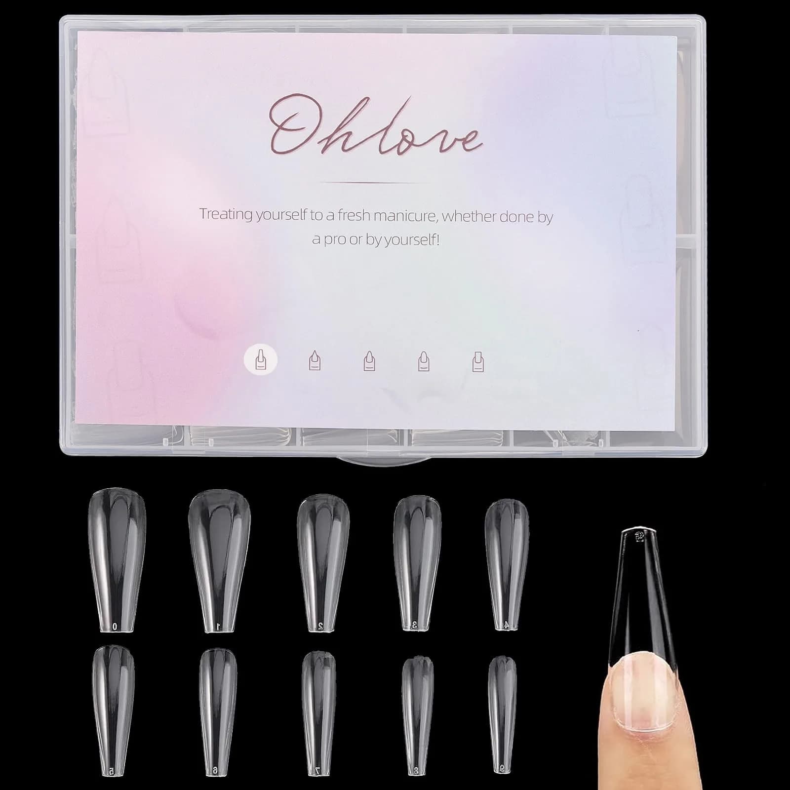 Ohlove Square Nail Tips Full Cover Clear Fake Nail Tips for Acrylic Nails, Size 0~9 (500 Count) — D-coffin-clear
