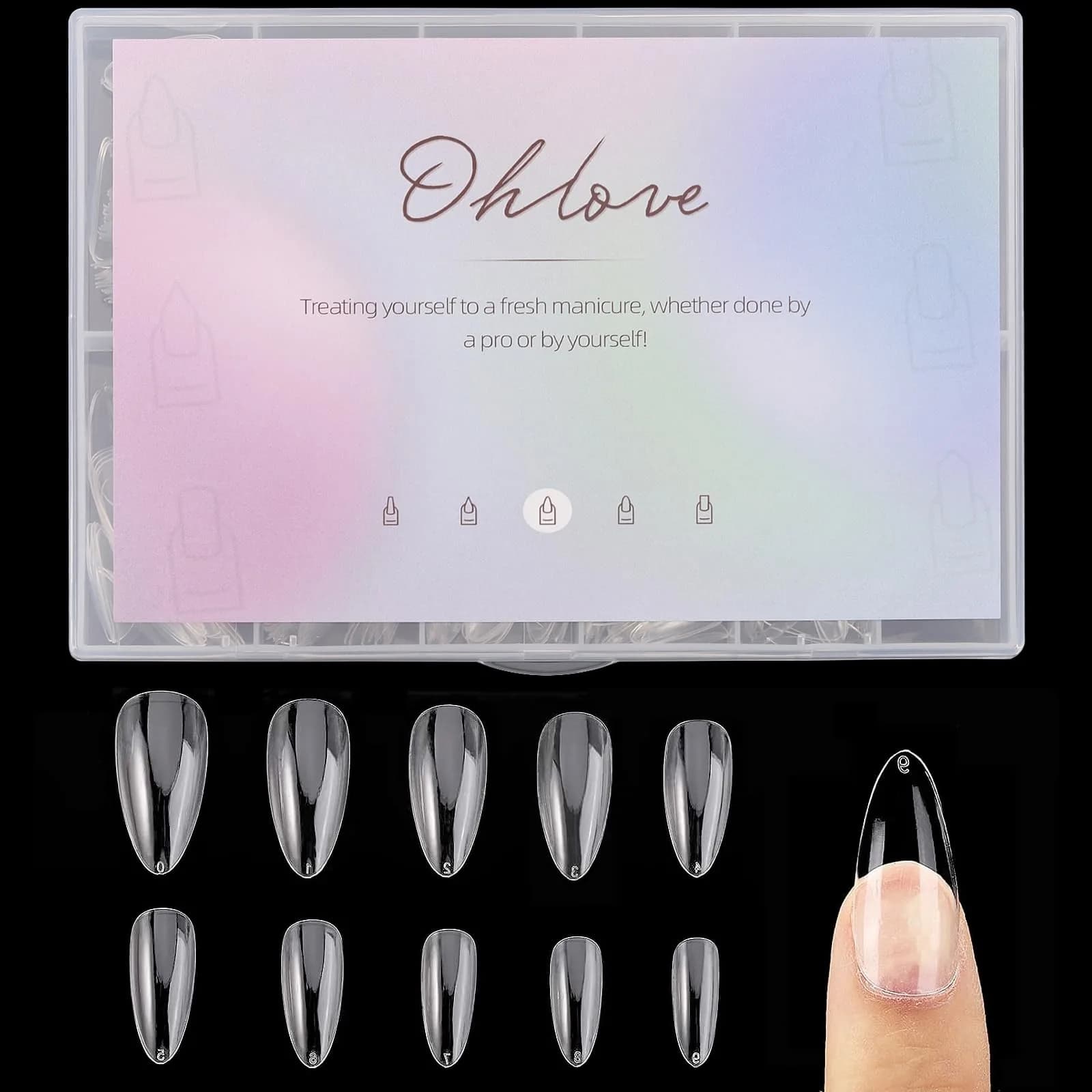 Ohlove Square Nail Tips Full Cover Clear Fake Nail Tips for Acrylic Nails, Size 0~9 (500 Count) — A-almond-clear
