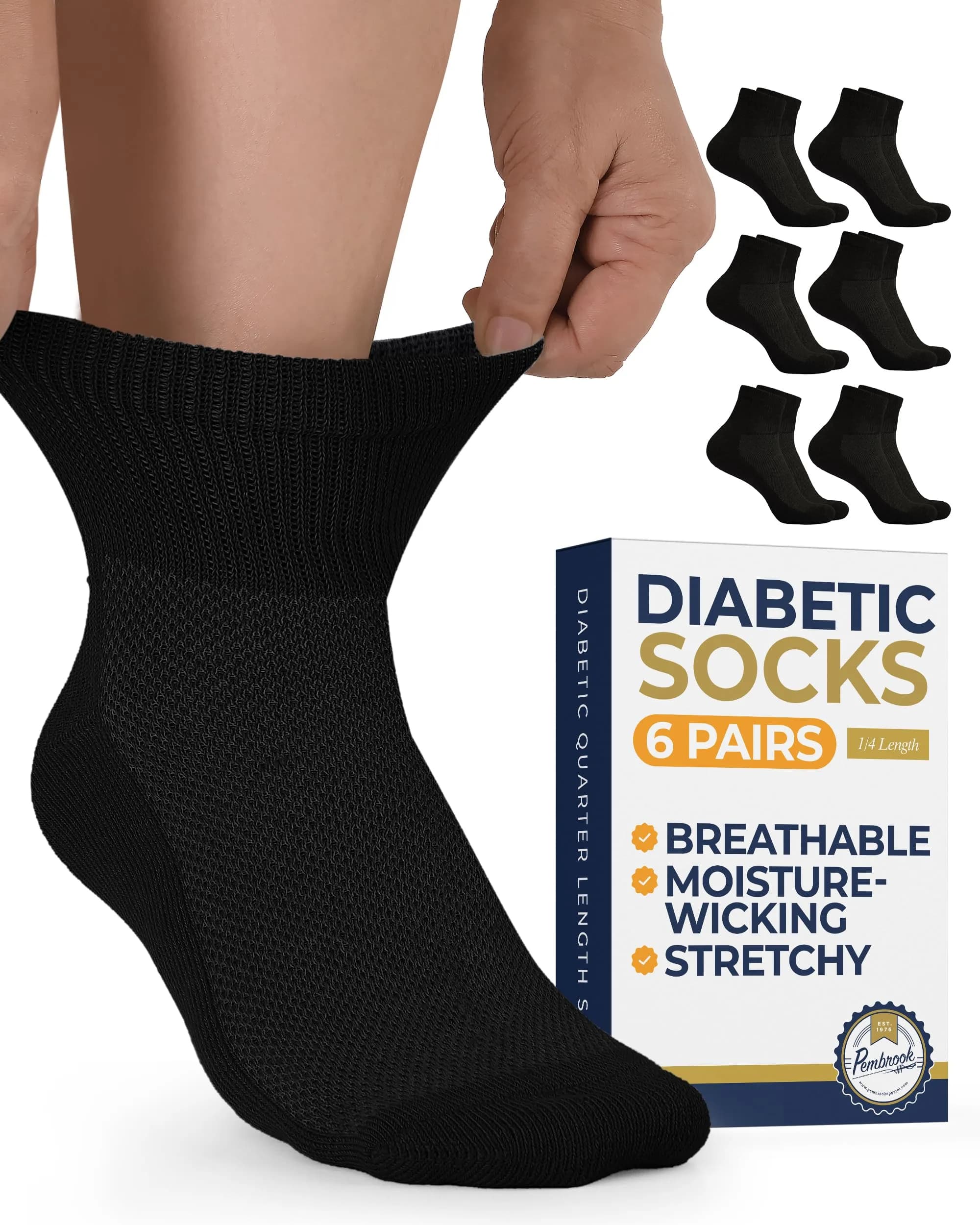 Pembrook Black Diabetic Socks for Men & Women | 6 Pairs | Medium (Men 5-9, Women 6-10) | Moisture-Wicking Ankle Socks