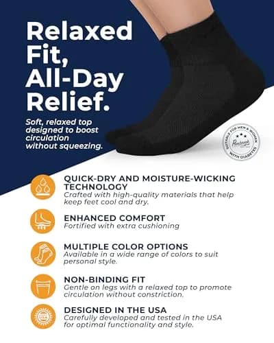 Pembrook Black Diabetic Socks for Men & Women | 6 Pairs | Medium (Men 5-9, Women 6-10) | Moisture-Wicking Ankle Socks thumbnail 2