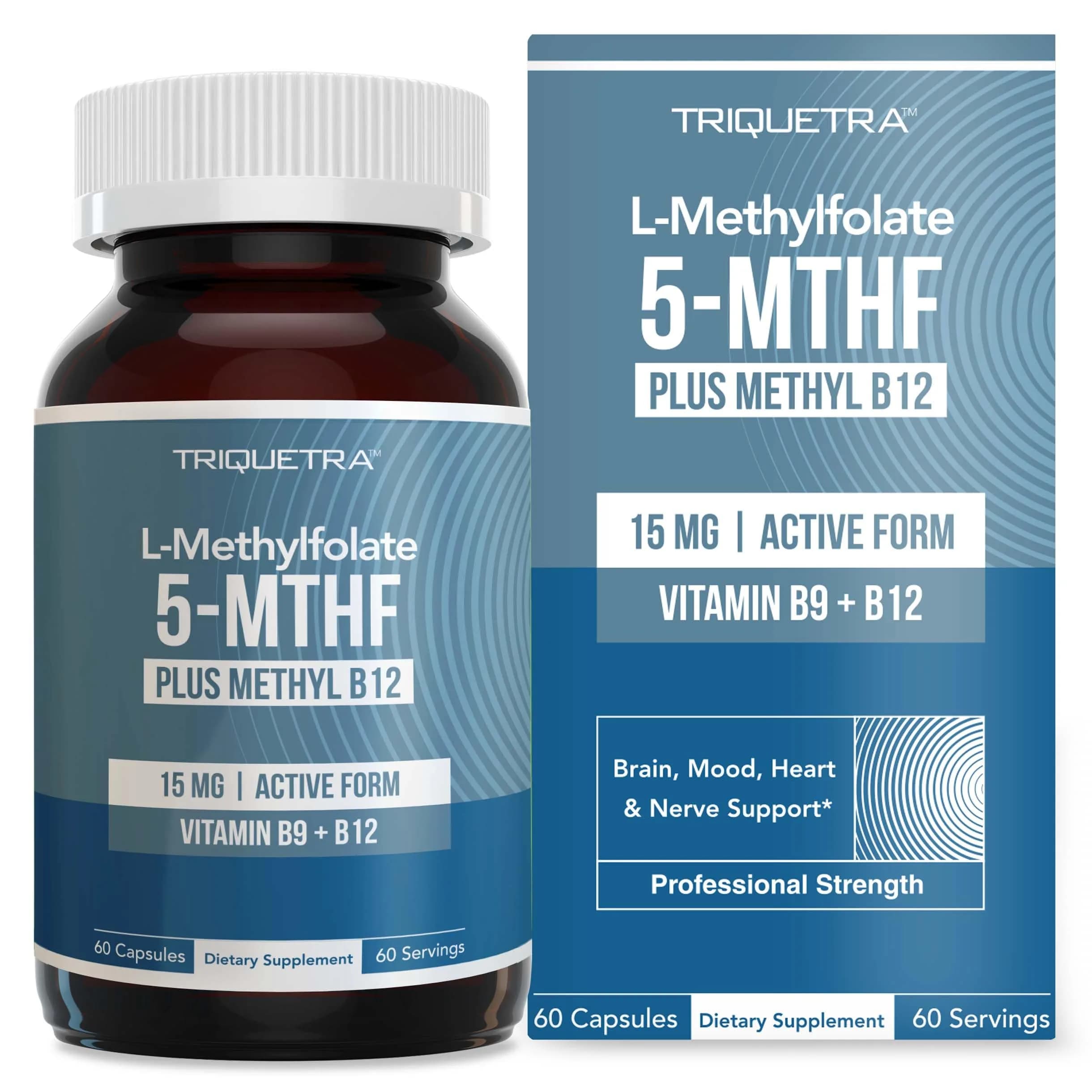 Triquetra Health L-Methylfolate 15mg Plus Methyl B12 Cofactor Capsules | Active Folate & B12 for Mood, Methylation, Cognition (60 Count) - main product image