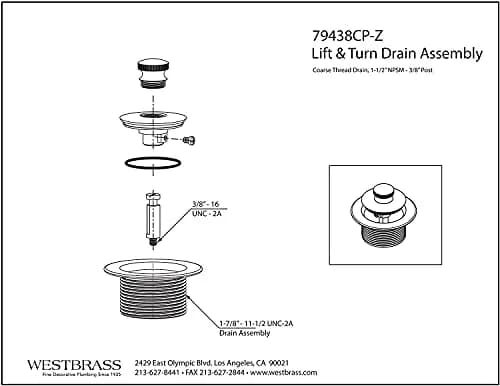 Westbrass 1-1/2" NPSM Coarse Thread Twist & Close Bathtub Drain Plug, Polished Chrome (100-Pack) | Fits Coarse Thread Tub Drain Shoe thumbnail 2