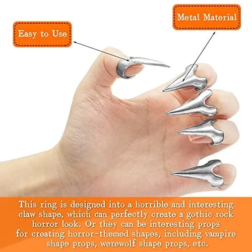 Hicarer 10 Pcs Metal Finger Claws Rings Full Finger Set Cosplay,Silver | Gothic Halloween Prop thumbnail 6