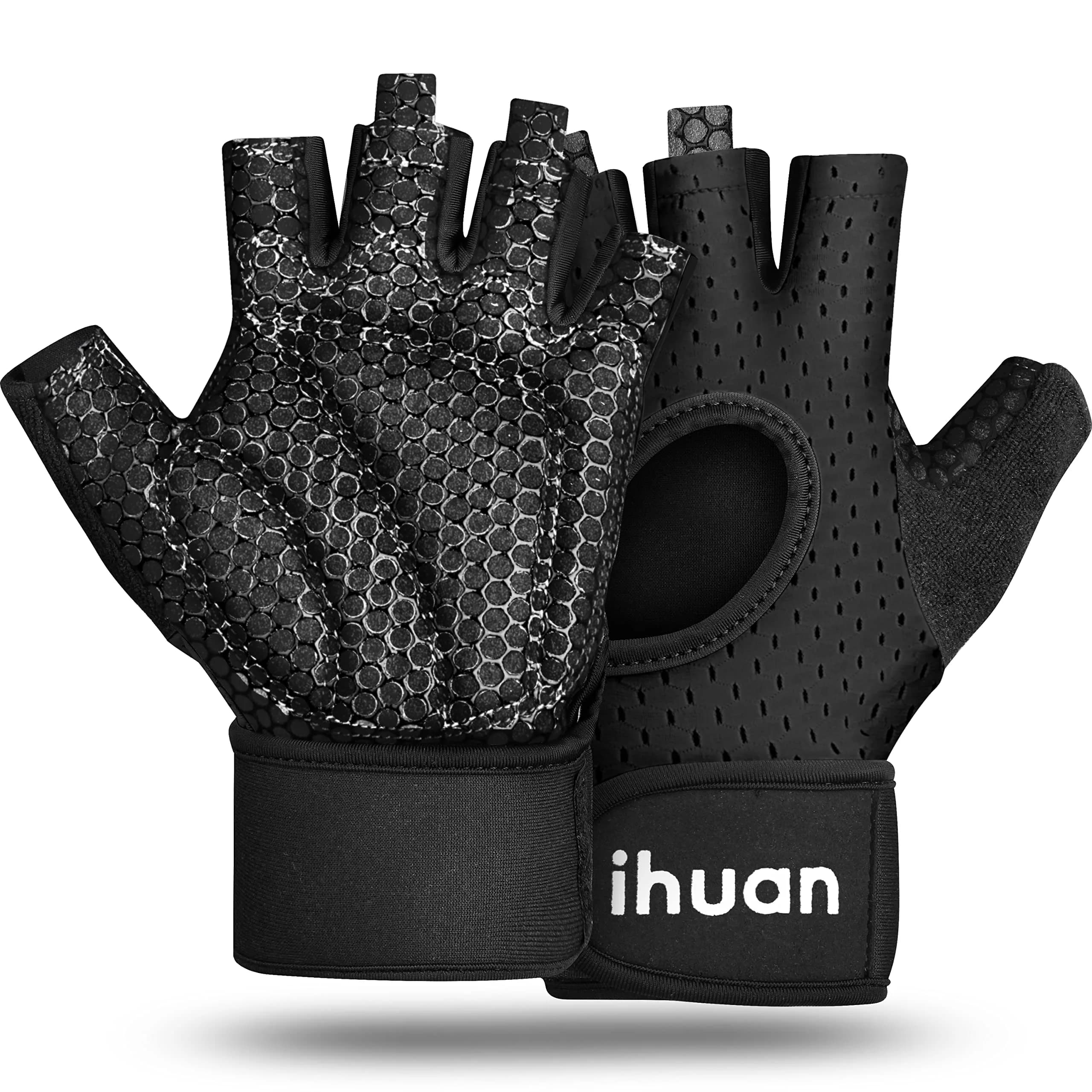ihuan Breathable Weight Lifting Gloves: Fingerless Workout Gym | Wrist Support | Enhance Palm Protection | Extra Grip for Fitness — black / Medium