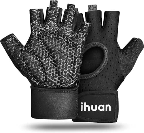ihuan Breathable Weight Lifting Gloves Fingerless Workout Gym Gloves with Wrist Support Small Black | Enhanced Grip & Palm Protection thumbnail 1