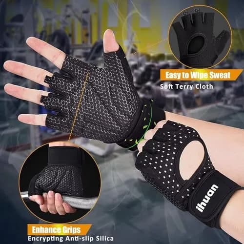 ihuan Breathable Weight Lifting Gloves Fingerless Workout Gym Gloves with Wrist Support Small Black | Enhanced Grip & Palm Protection thumbnail 5