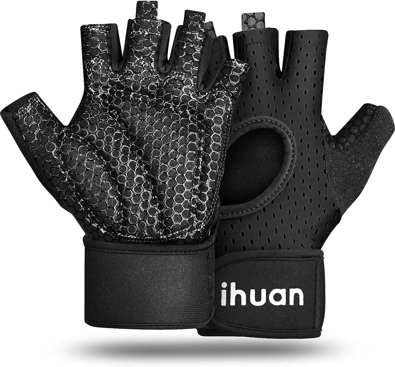 ihuan Breathable Weight Lifting Gloves: Fingerless Workout Gym | Wrist Support | Enhance Palm Protection | Extra Grip for Fitness — black / Large
