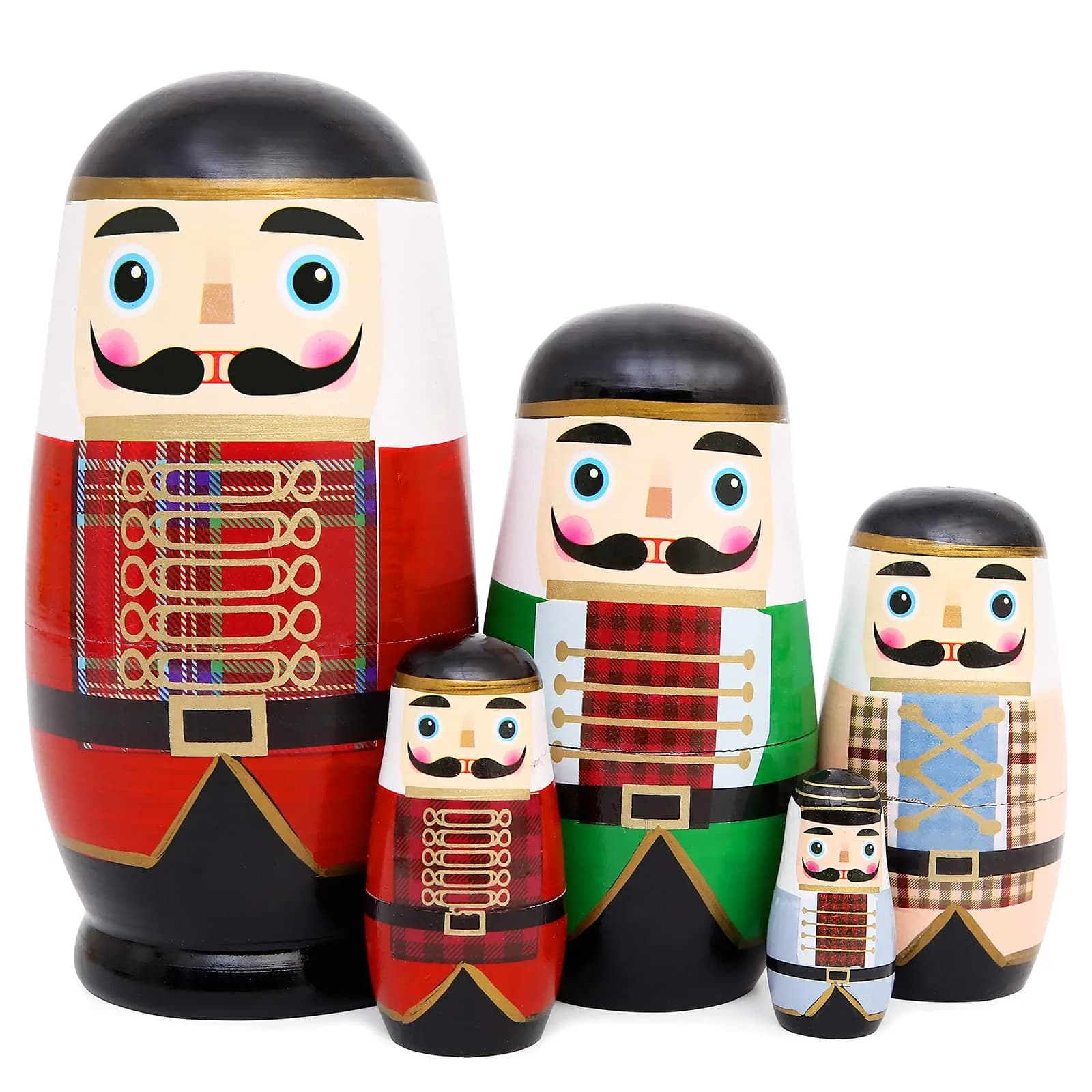 Moonmo 5pcs Nutcracker Wooden Nesting Dolls | Handmade Traditional Matryoshka Set — Brown Or Natural Wood Color
