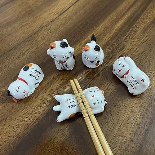 MIUFA Ceramic Cute Lucky Cat Chopstick Rests, Set of 5 | 5.1 cm (2 inch) Hand-Painted Holders thumbnail 5