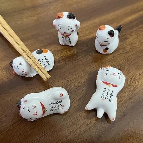 MIUFA Ceramic Cute Lucky Cat Chopstick Rests, Set of 5 | 5.1 cm (2 inch) Hand-Painted Holders thumbnail 6