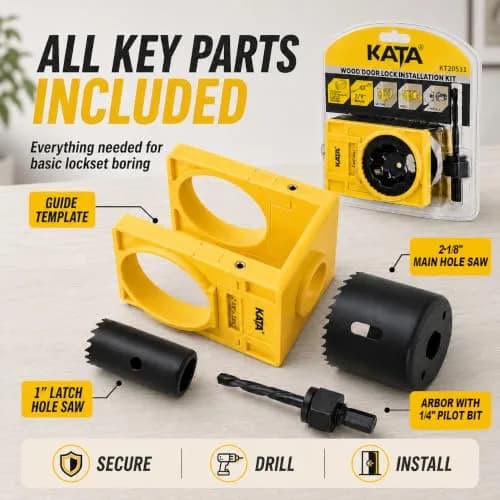 KATA Door Lock Installation Kit for Wood Doors 1.38-1.75 inch Thick | Includes Guide Template, Hole Saws, and Arbor thumbnail 2