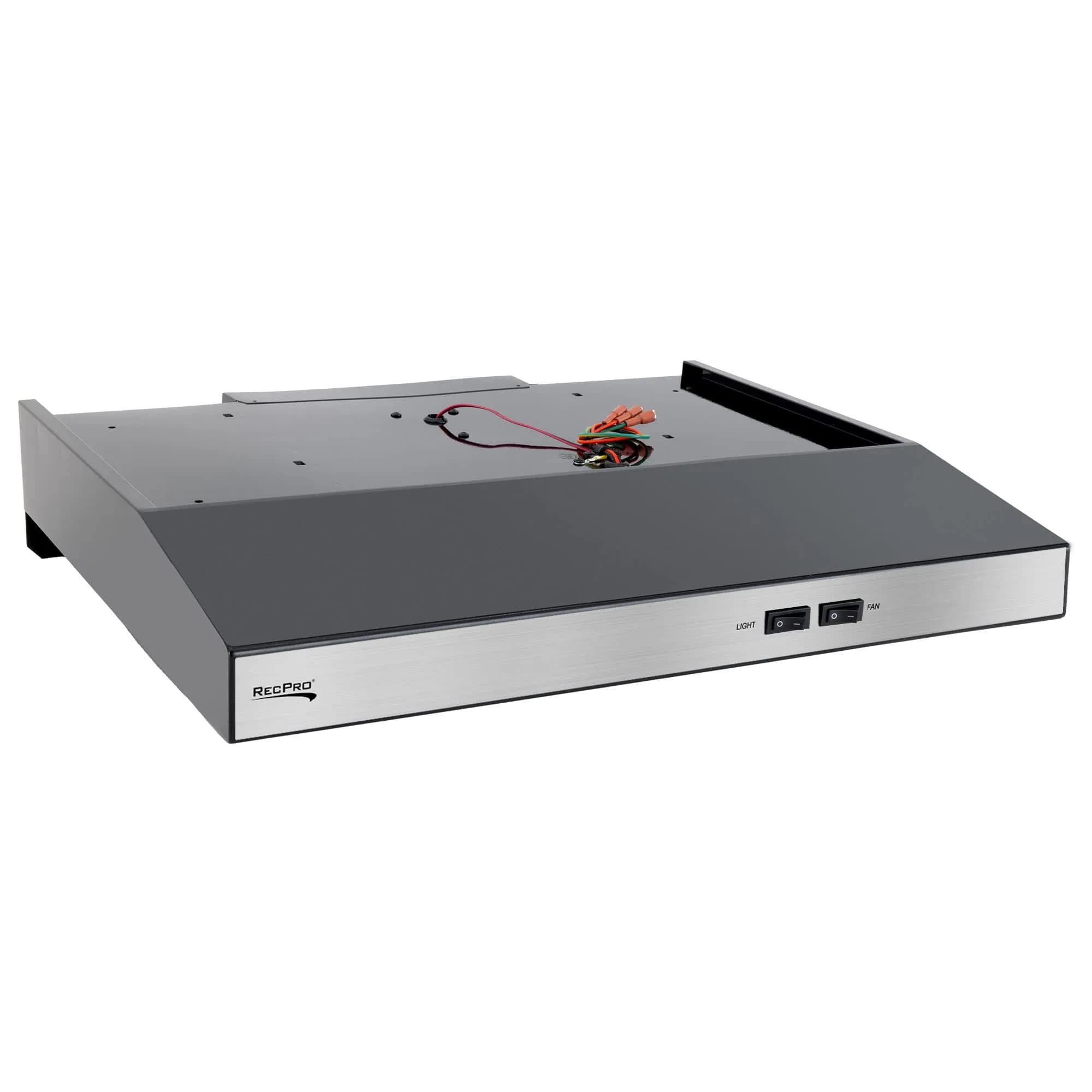 RecPro RV Range Hood Black 52.8cm (22"W x 19"D x 3 1/4"H) | 12V DC Hard-Wired Installation with Charcoal Filter & LED Light — Stainless Steel